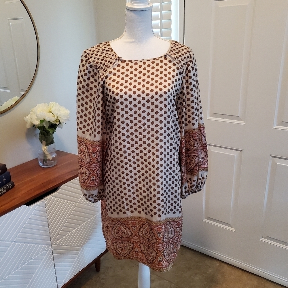BCBGMAXAZRIA Shift Dress Small 100% Silk Polka dot Long sleeve Lightweight